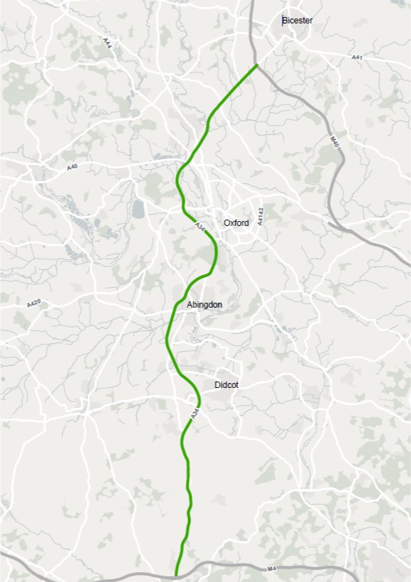 map highlighting the A34 between the M40 and M4 as the project’s study area