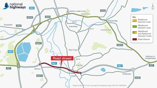 Map of the primary M67 weekend closure diversion route