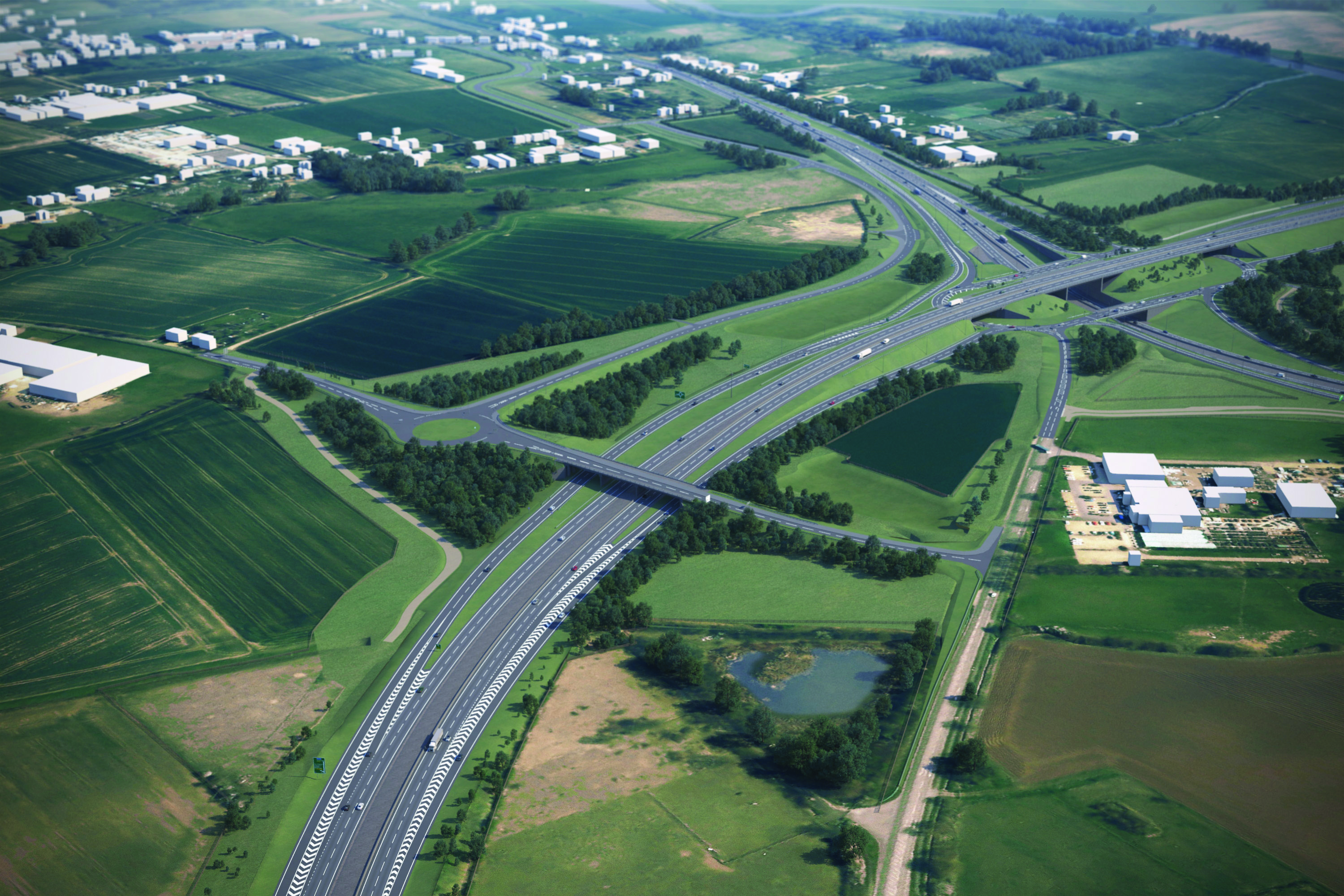 Artist's impression of new Roxton Road bridge, Baron Way, and Dove Farm Lane close to the Black Cat roundabout