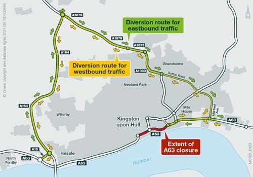 Diverion route for eastbound and westbound traffic during the closure of the A63 in Hull. Traffic is diverted via the A164, A1079 and A1033.