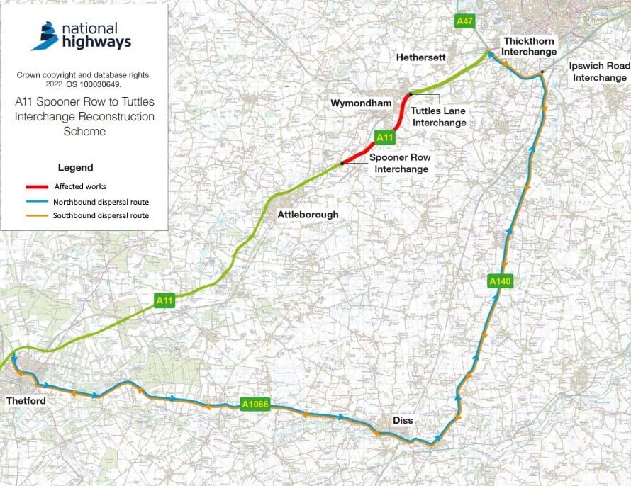 A11 Spooner Row to Tuttles Interchange dispersal route map