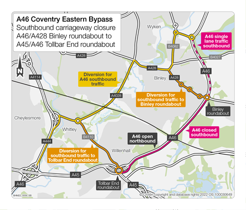 Map of southbound A46 closure