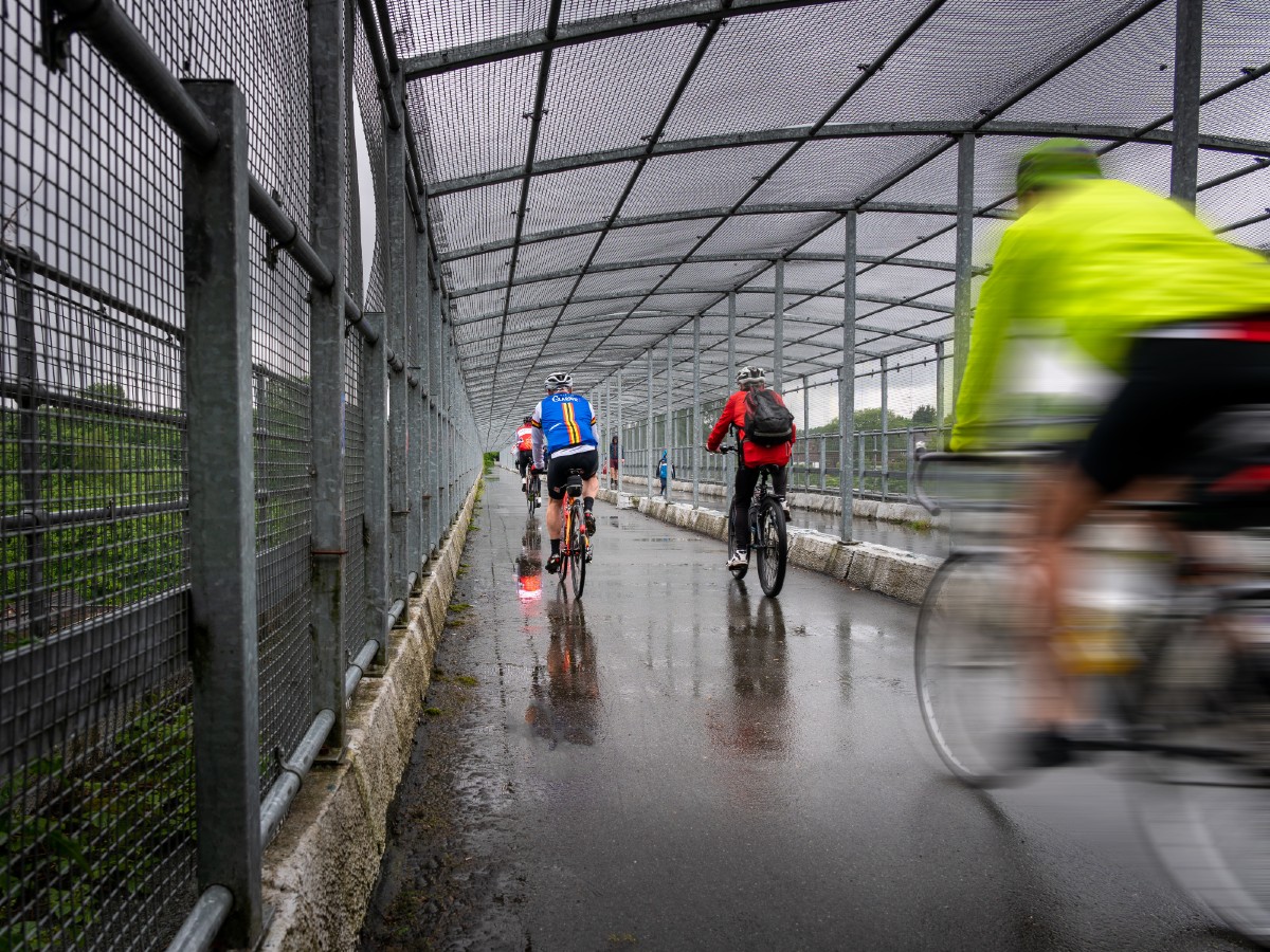 Cyclists crossing Darcy Lever Viaduct