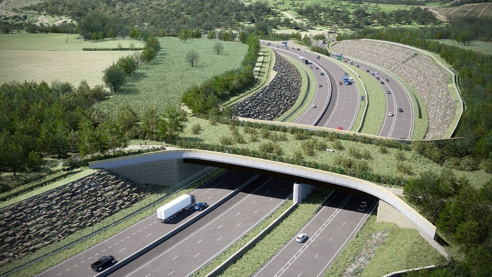 The A417’s 37-metre-wide multi-purpose crossing, featuring a 25-metre strip of calcareous grassland, hedgerows, and Walkers, Cyclists, and Horse riders (WCH) access, accommodating the Gloucestershire Way path.