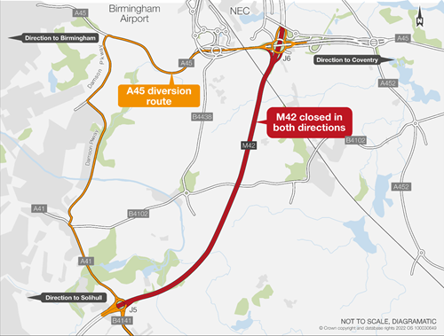 Map of M42 closure and diversion route