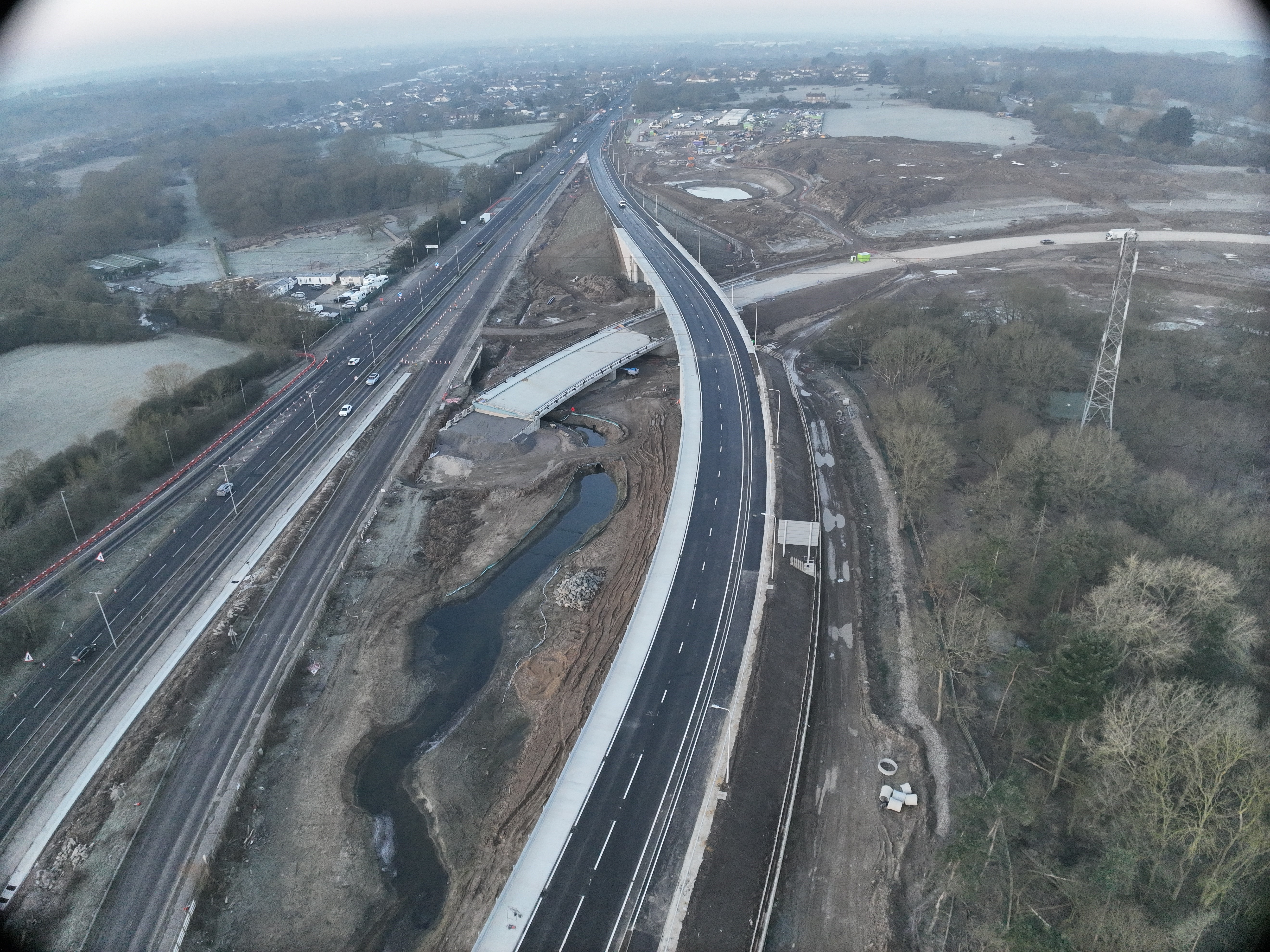 aerial view of the new A12 off-slip road to the Brook Street Roundabout