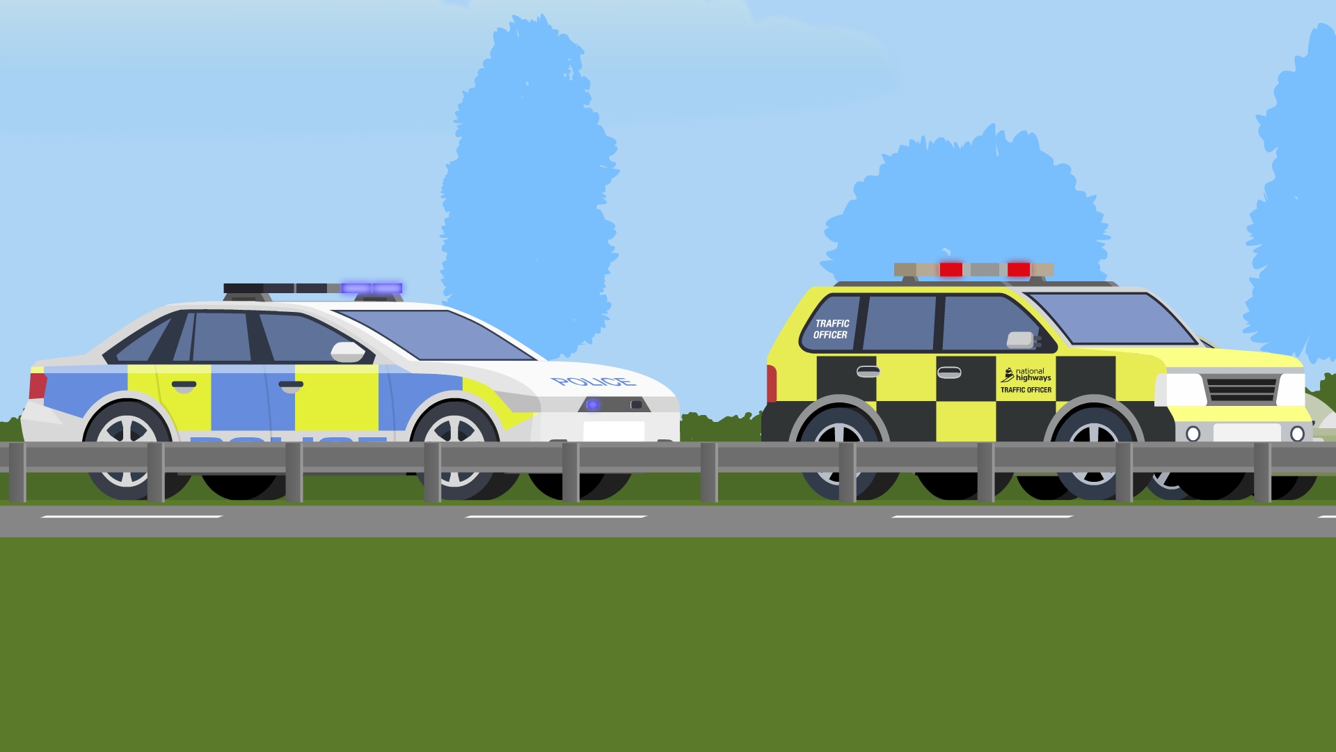 Illustration showing a police car and a National Highways Traffic Officer vehicle