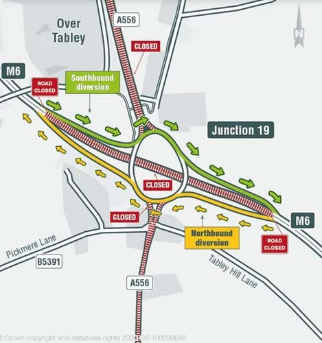 diagram of proposed M6 junction 19 closure with north and southbound traffic diverted up and over the junction