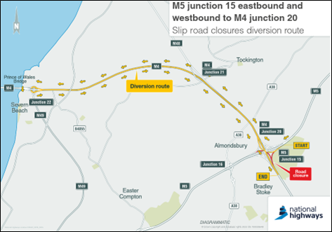 Diversion M5 J15 eastbound and westbound to M4 J20