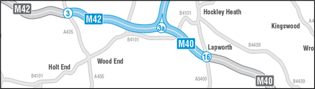 A map of M42 junction 3 to M40 junction 16