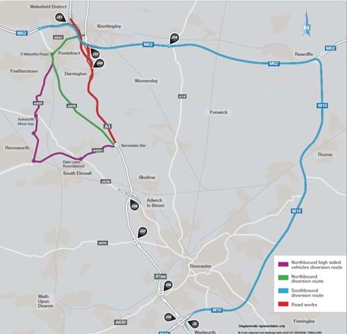 Map of the A1 showing diversion routes for Wentbridge Viaduct roadworks.