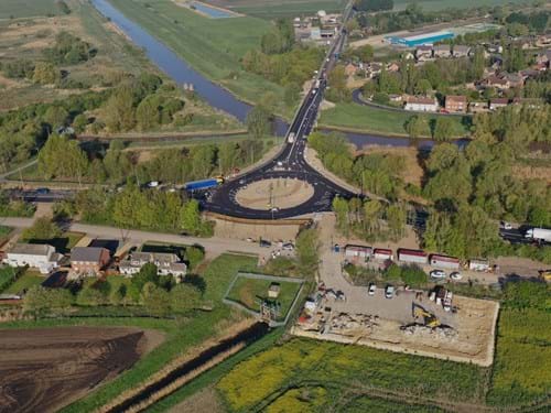 Aerial view of new roundabout showing the renamed bridge