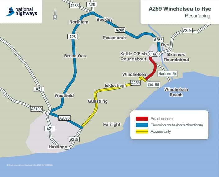A259 Winchelsea to Rye resurfacing diversion map