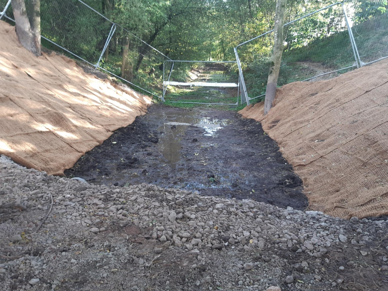 View looking south showing the matting used to retain the topsoil