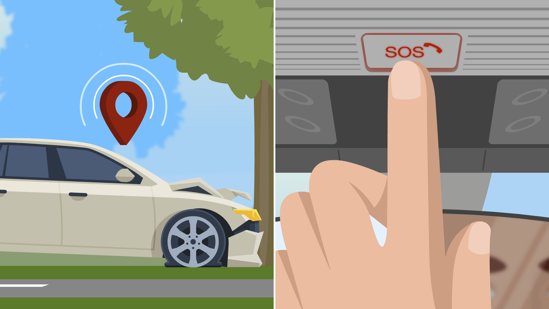 
Illustration of a car that has crashed into a tree and a finger pressing the eCall SOS button