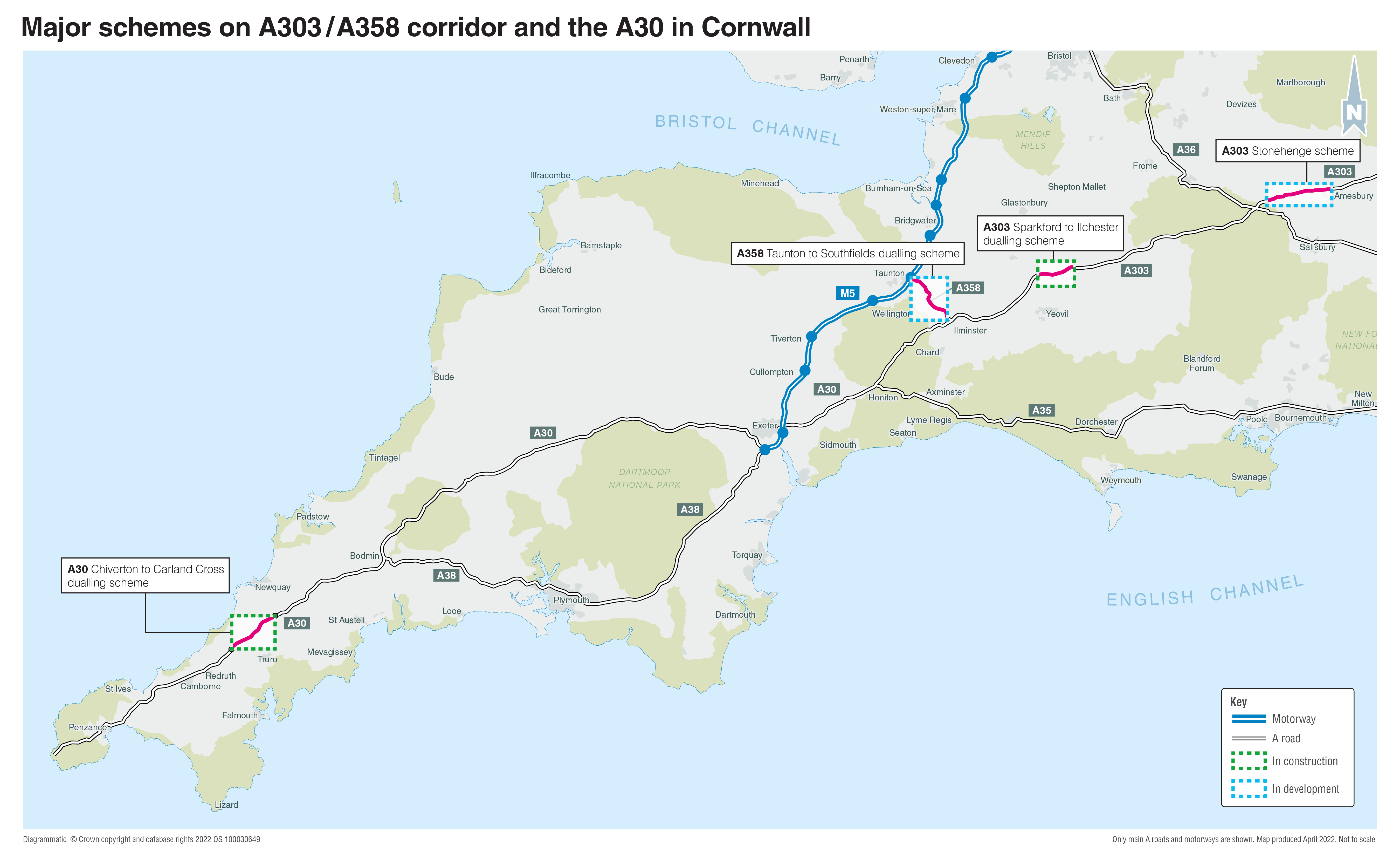 Map of major schemes along the A303/A358 corridor and the A30 in Cornwall