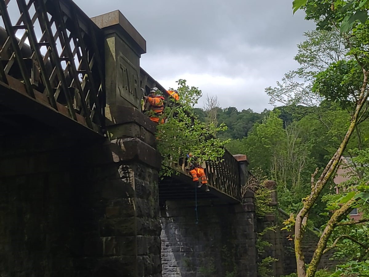 Contractors clearing excess foliage from Taff Vale Railway Viaduct