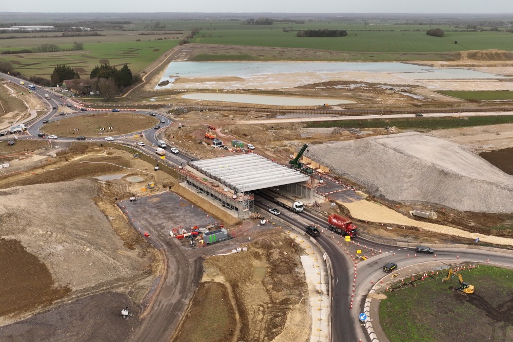 View from the air of construction progress at Caxton Gibbet