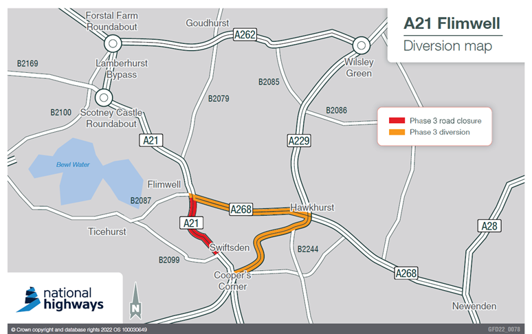 Map showing phase 3 road closure and diversion on the A21 Flimwell repairs and resurfacing scheme