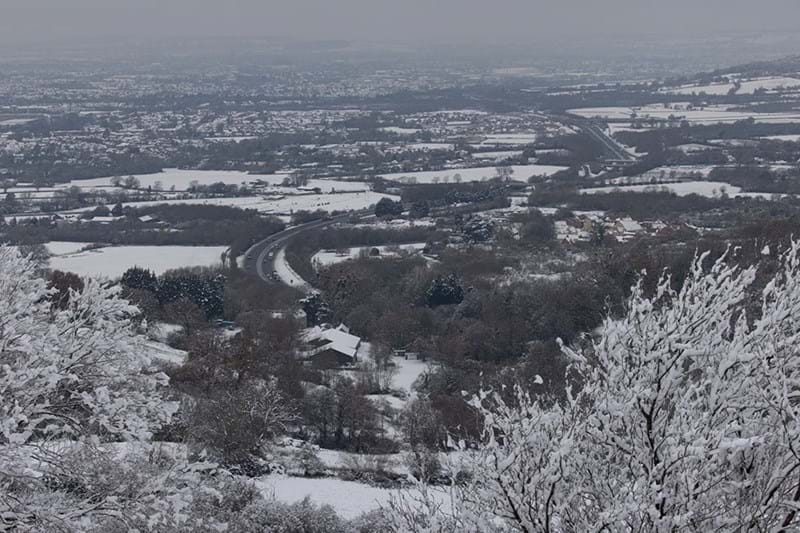 A snowy A417 from Birdlip viewpoint