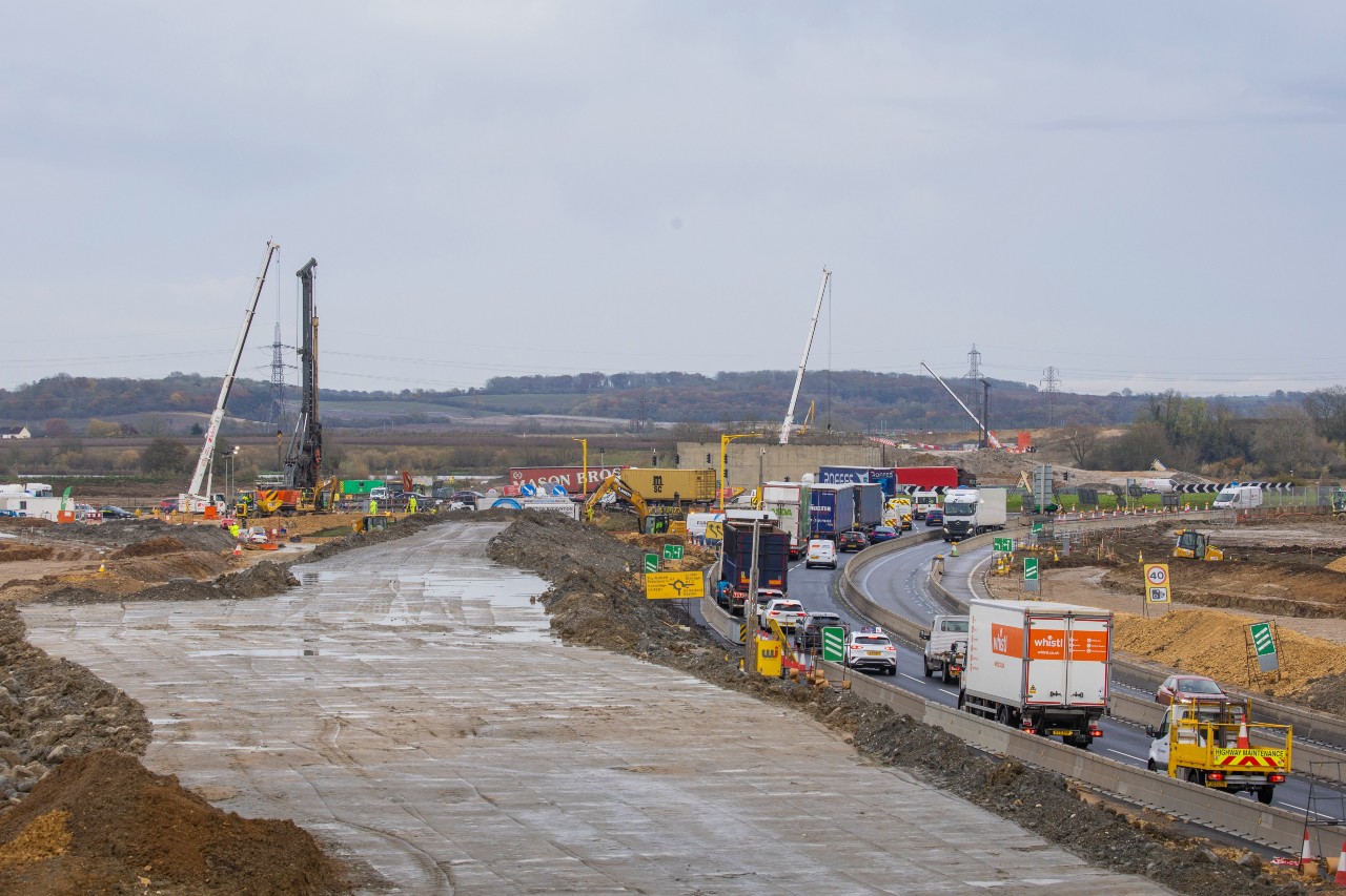 Work taking place at the Black Cat roundabout. View from Roxton Road bridge over the A421.