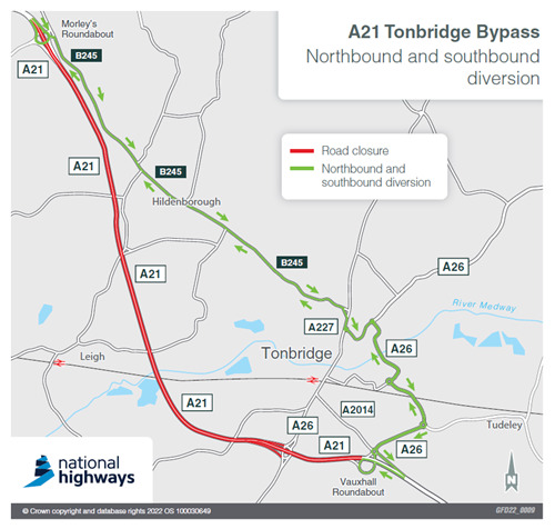 Map showing the route of the diversion during work on the A21 Tonbridge Bypass
