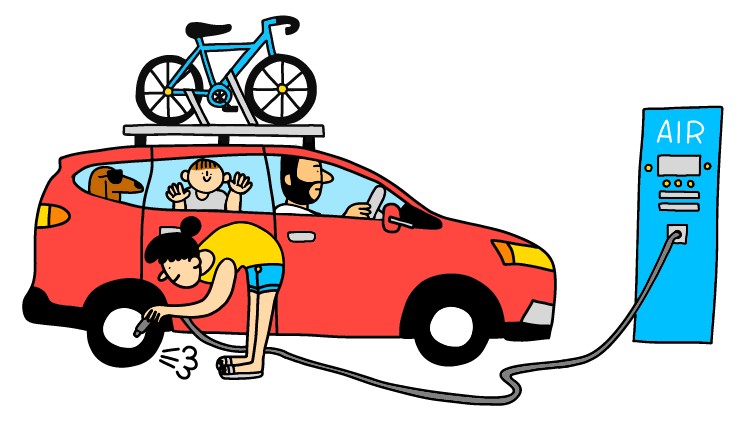 Illustration of family cheking their tyre pressure 