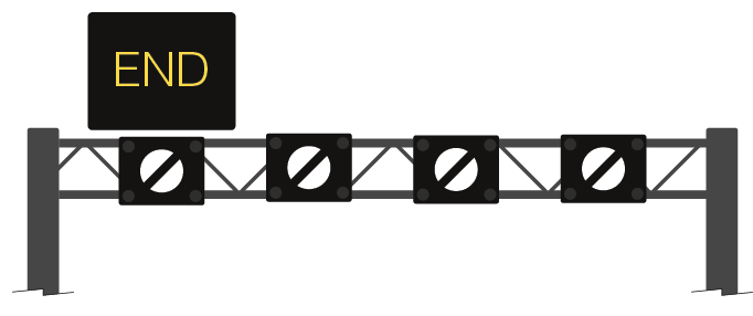 Graphic showing gantry spanning whole of motorway indicating end of restrictions