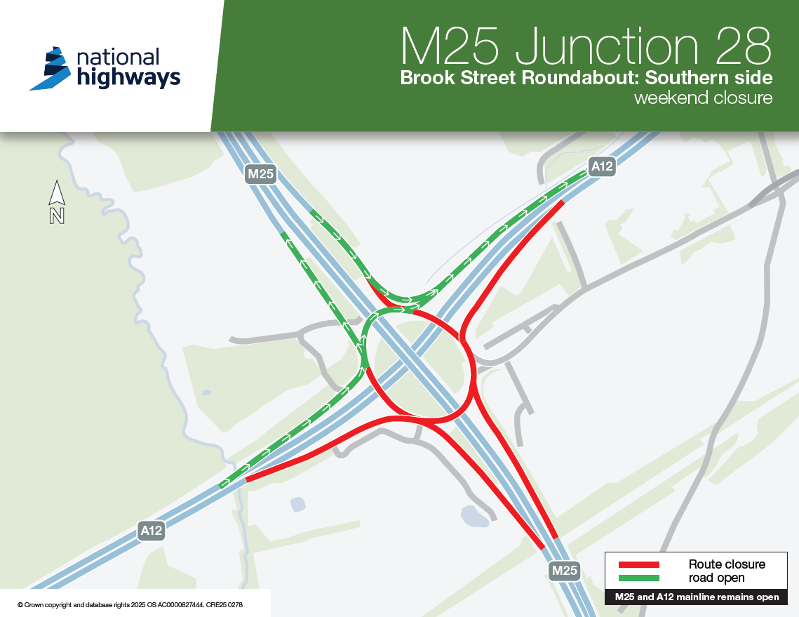 M25 junction 28 southern side closure map