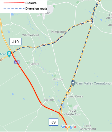 M11 junction 10 to 9 southbound full closure - diversion route