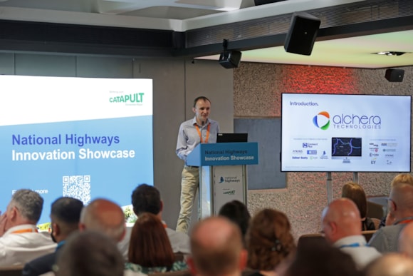 Aaron Croucher talking at a National Highways innovation showcase