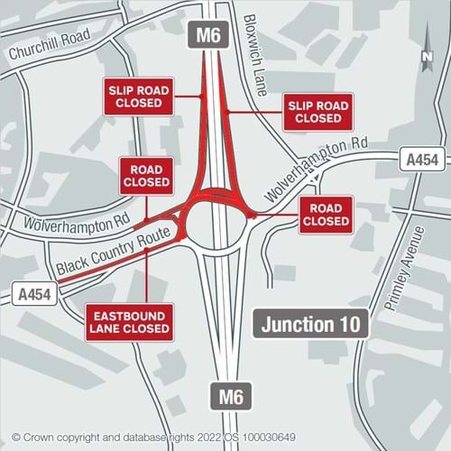 Schematic map showing M6 junction 10 road closures