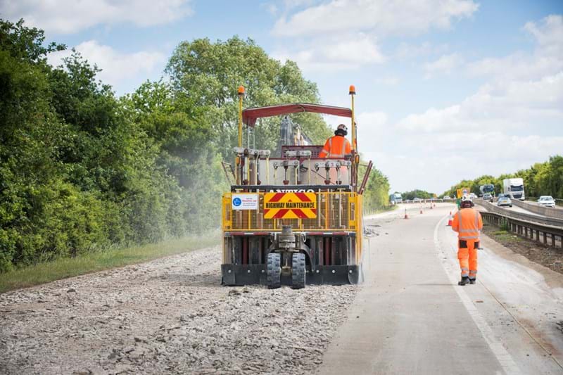 Reducing the A11 concrete road to rubble which will be recycled back in to the scheme