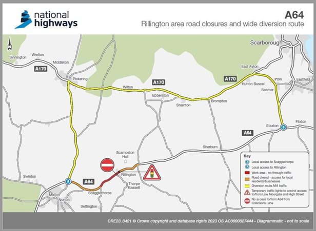 A map of the A64 at Rillington showing road closures and diversions.