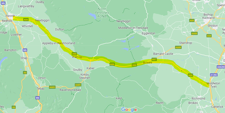 A66 map between Penrith and Scotch Corner