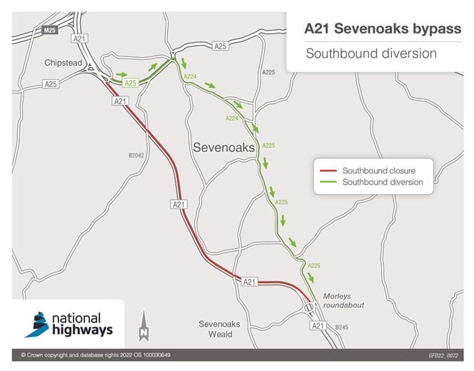 A21 Sevenoaks bypass southbound diversion