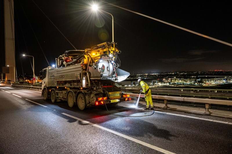 We use special jet-washers to clear the gullies on the QEII bridge so rainwater can drain away quickly