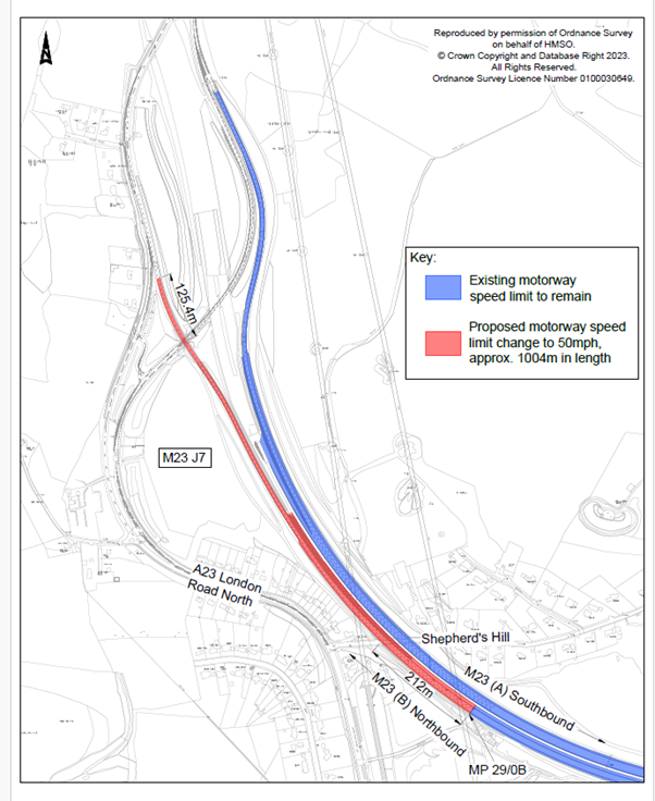 M23 Junction 7 Slip Road Speed Limit map