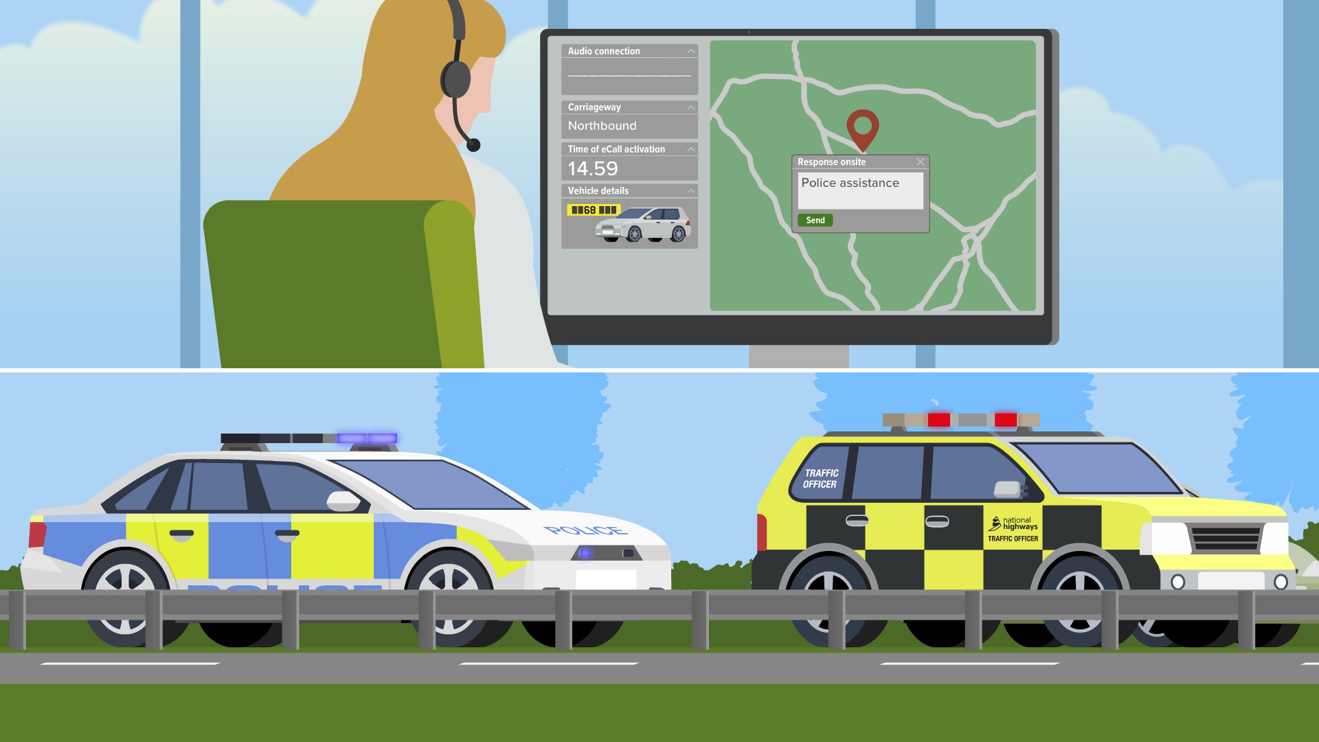 Illustration of operator contacting police placed at the top of the image and police car and traffic officer vehicle placed at the bottom of the image