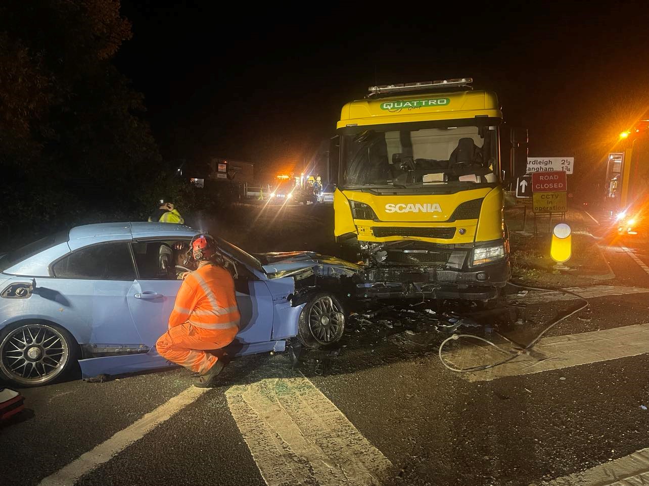 The driver of this car had to be cut from his vehicle after he entered a closed roadwork area and collided with a contractor's truck. He was subsequently prosecuted for driving without due and attention, given 3 penalty points and £100 fine.