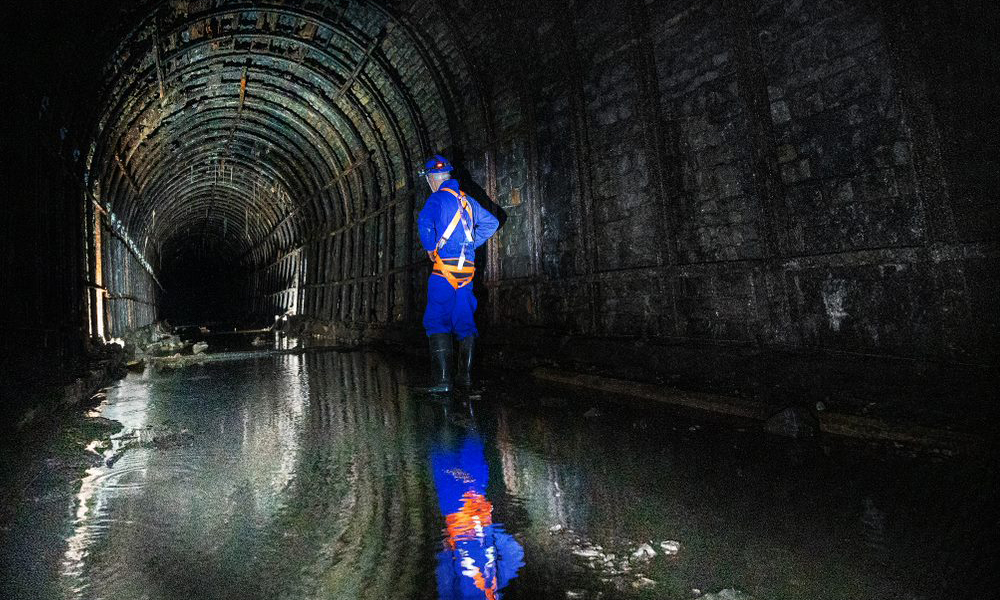 A volunteer illuminates a section of the tunnel with standing water