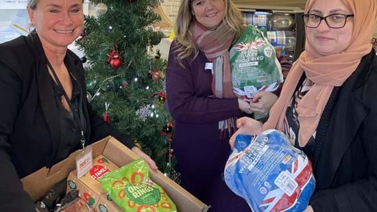 Caption: (L-R) Newark Emmaus Trust CEO Nicola Burley receives some of the food donations from Sarah Mullane, Site Administration Manager for the A46 project’s delivery partner Skanska and Fozia Fazil, Skanska’s Social Value Manager.