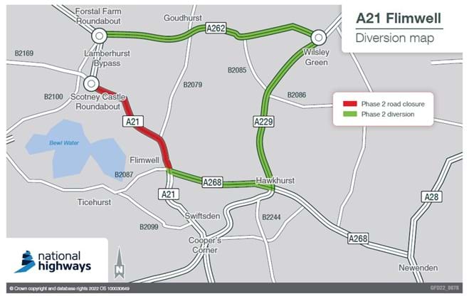 Map showing the closure and diversion work for the safety bollard replacement work on the A21 at Flimwell