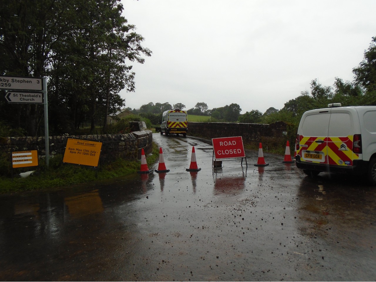 Road closure in place while contractors set up the site for coring of the materials to begin