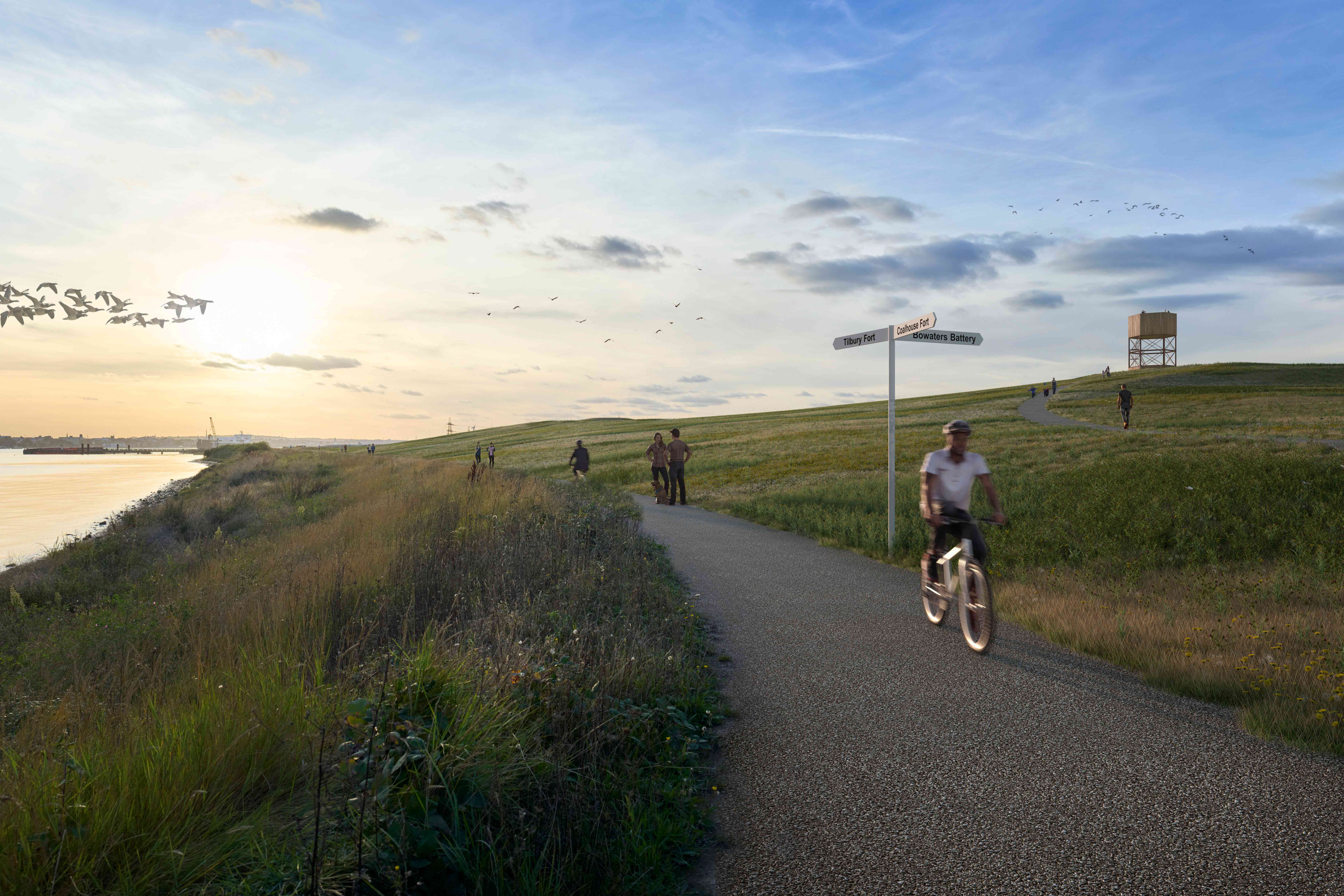 Artists impression of repaired Two Forts Way foot and cycle path and Tilbury Fields park in Thurrock