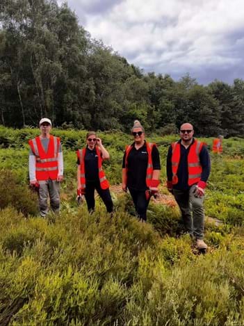 A team of four volunteers in hi vis tabards standing in bracken at Adel Woods Leeds