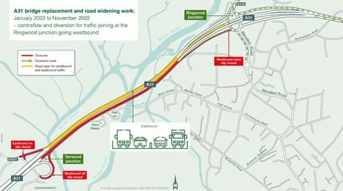 A31 bridge replacement and road widening work contraflow and diversion for traffic joining at Ringwood