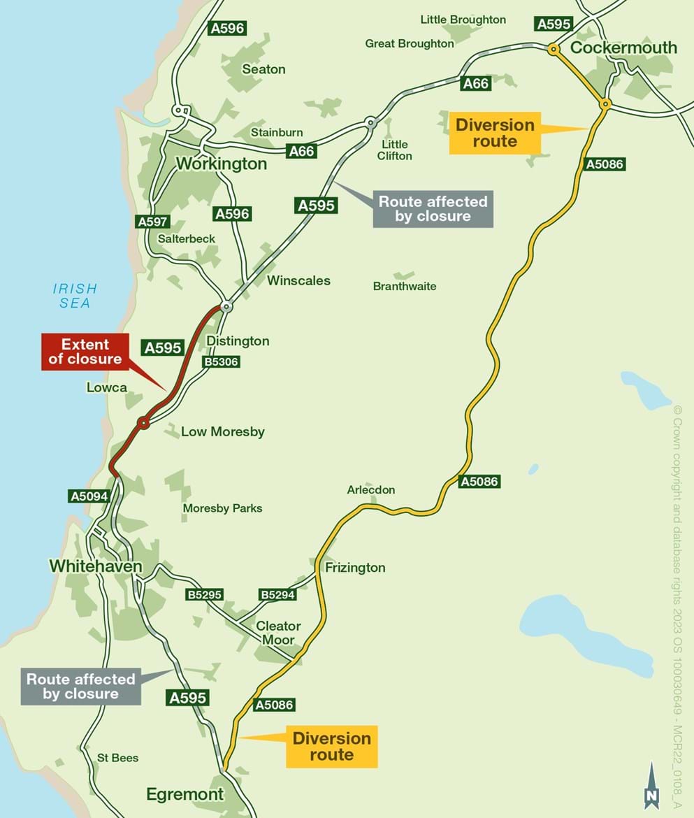Map of the A595 diversion route during weekend closures
