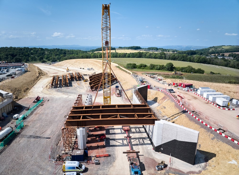 installing beams for Gloucestershire Way Bridge in June 2025