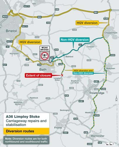 A36 Limpley Stoke diversion map